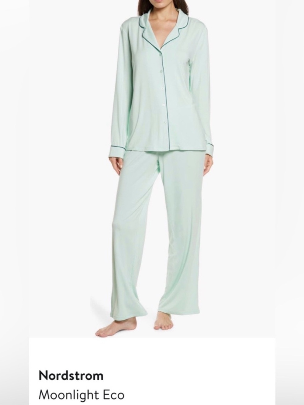 Nordstrom Mint Green Button-Front Pajama Set with Contrast Piping